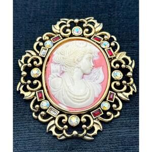 Brooch Pendant Cameo Vintage with Gem Accents Gold-Plated 3" Unique Size